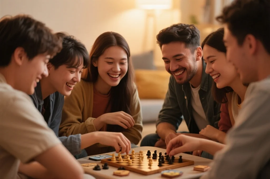 朋友们愉快地玩棋牌游戏